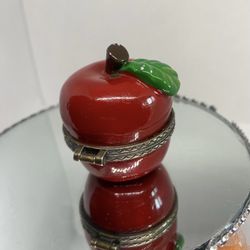 Vintage Ceramic Mini Trinket Box Paperweight Red Apple  2-1/2" Brass