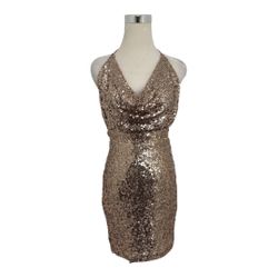 Fashion Nova Women's Rose Gold Sequin Bodycon Mini Dress Open Back Size Med