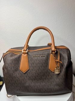 Michael Kors Logo Satchel Bag, Brown Tan, Gold Hardware, Padlock, Double Handles