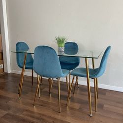 Blue Gold Velvet Glass Dining Set 