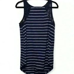 SO Blue & White Striped Lace Yoke Scoop Neck Sleeveless Tank Top L