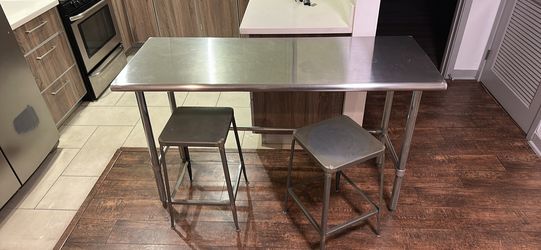 STEELTON 24” x 60” Stainless Steel Work Table + 2 Bar Stools