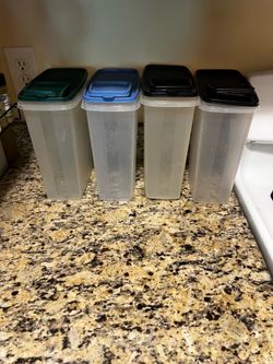 Four vintage Tupperware cereal keeper storage containers - see description