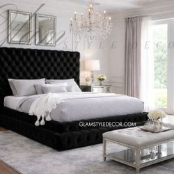 GLAM BLACK NOIR VELVET STEP-UP QUEEN KING SIZE BED FRAME - CAMA ESCALONES 