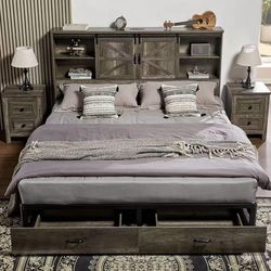 ❤️‍🔥 King size bed frame, wooden platform with 51.2-inch shelf headboard, 2 drawers, charging station, no box spring required, no noise, rustic gray$