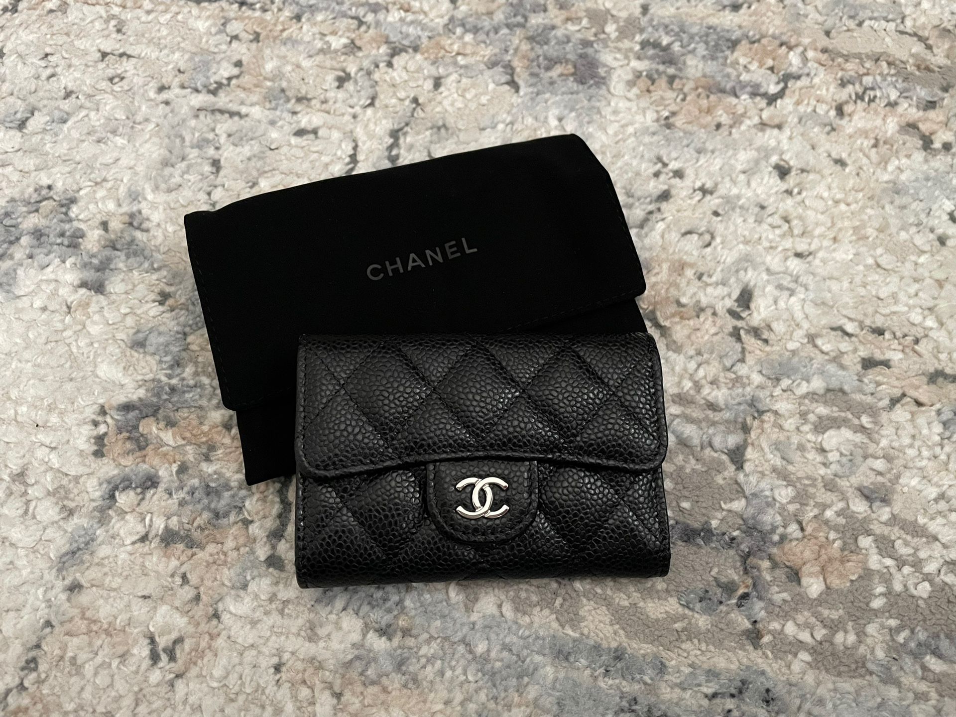 NEW Chanel Classic Quilted Caviar Black X sliver Hardware Flap Card Wallet