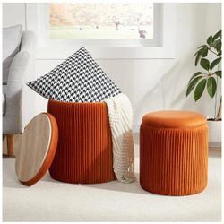 Round Ottoman with Storage Set of 2,Vanity Stool with Storage for Bedroom, Ottoman Coffee Table,Small Velvet Foot Stool for Living Room, Orange