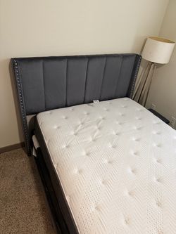 Grey Velvet Upholstered Queen Bed Frame