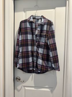 Eddie Bauer Plaid Button-Down Shirt in Light Blue, Purple, and Brown size small