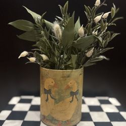 Vintage Canister Tin Geese in Snow With Blue Bows & greenery