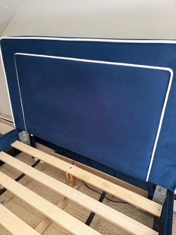 Blue Velvet Upholstered Headboard with White Piping