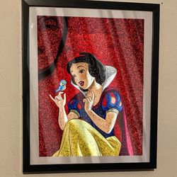 Disney Snow White with evil queen face with red art piece on black frame
