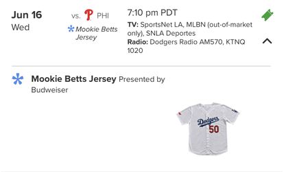 Phillies @ Dodgers Wednesday 6/16 MOOKIE BETTS JERSEY GIVEAWAY for Sale in  Highland, California - OfferUp