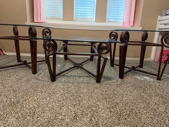 Glass Top Coffee and End Table with Wrought Iron Base