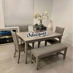 ✅️✅️ 6 pc light finish wood  dining table set padded seat chairs and bench ✅️✅️