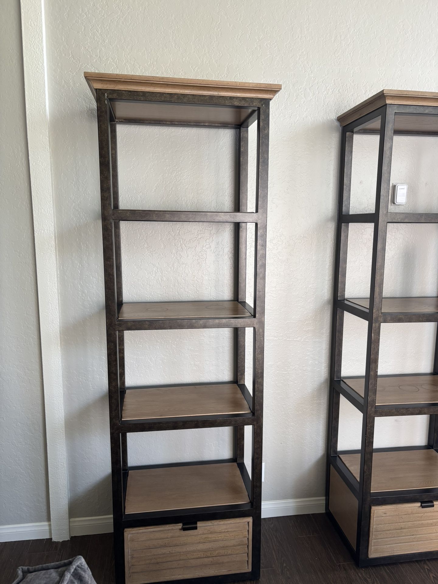 Set of 3 Industrial Bookshelf Towers – Wood & Metal with Drawers