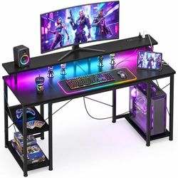 48 inch Gaming Desk with LED Lights & Power Outlets, Computer Desk with Monitor Stand & Storage Shelves, CPU Stand, Home Office Desk, Black