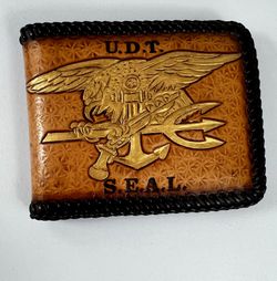 Vintage United States S.E.A.L. Embossed U.D.T. Tan Leather Braided Brown Wallet