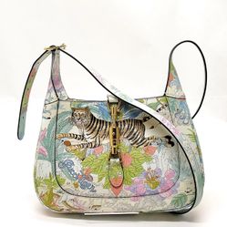 Authenticated Gucci Yuko Higuchi Small Calfskin Floral Print Jackie 1961 White