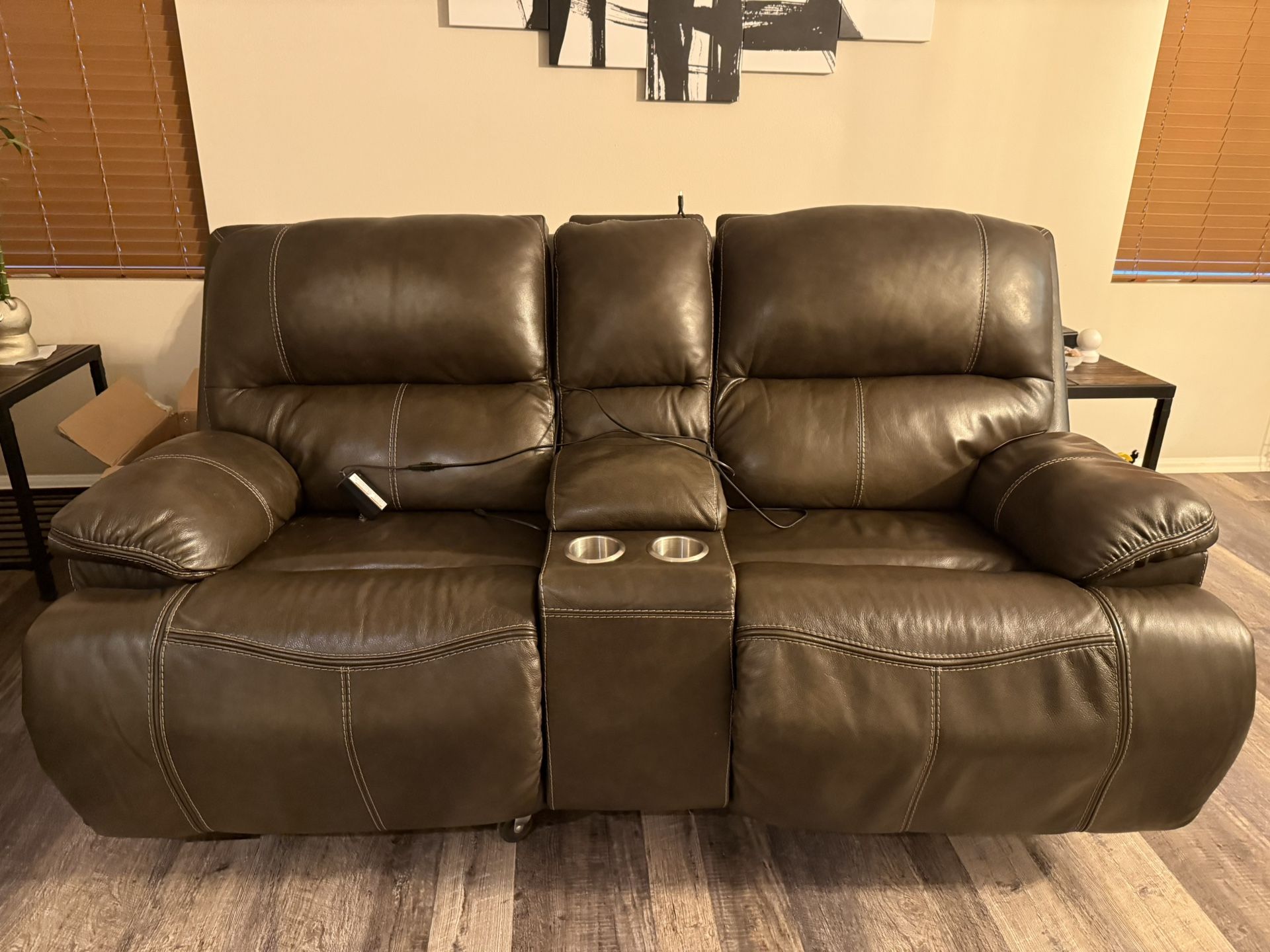 Brown Leather Reclining Sofa- Electric