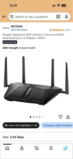 Netgear Nighthawk WiFi 6 Router 5-Stream AX3600 Dual-Band (up to 3.45Gbps