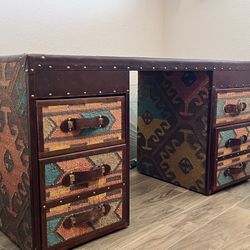 Hand Woven Stitch Leather Desk with Velvet Drawers