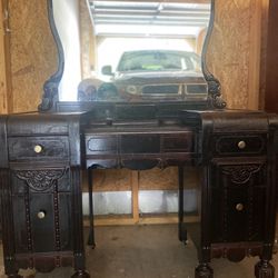 Antique Vanity W/Mirror And Rolling Wheels