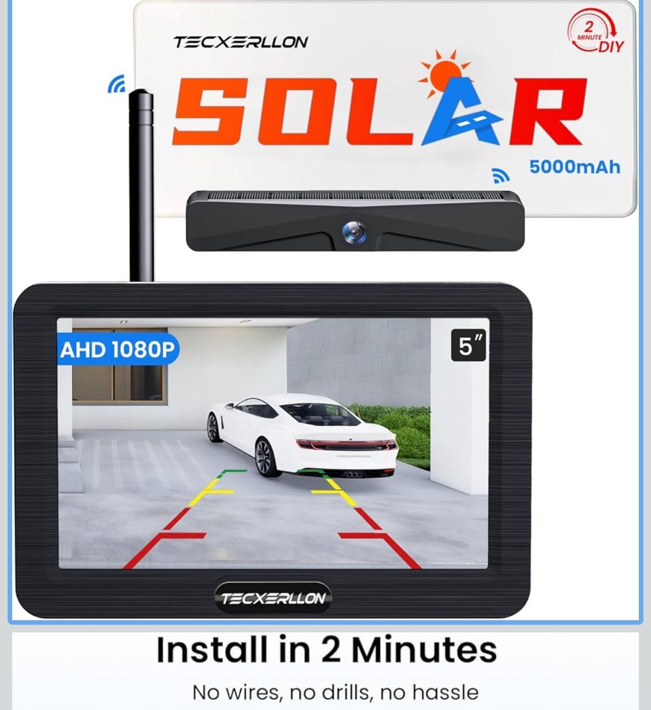Backup Camera, Solar Wireless Backup Camera with 5" 1080P Monitor, Vehicle Backup Cameras with 5000mAh Solar Battery, IP69K Waterproof Rear View Camer