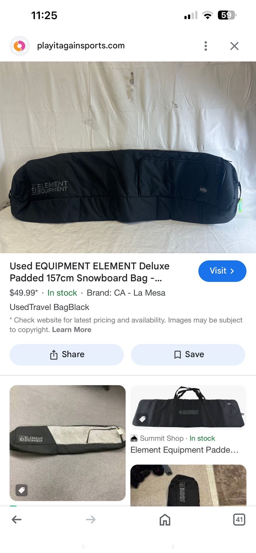 Used E1 Element equipment Deluxe Padded 157cm Snowboard/wakeboard/misc. carry/travel/storage