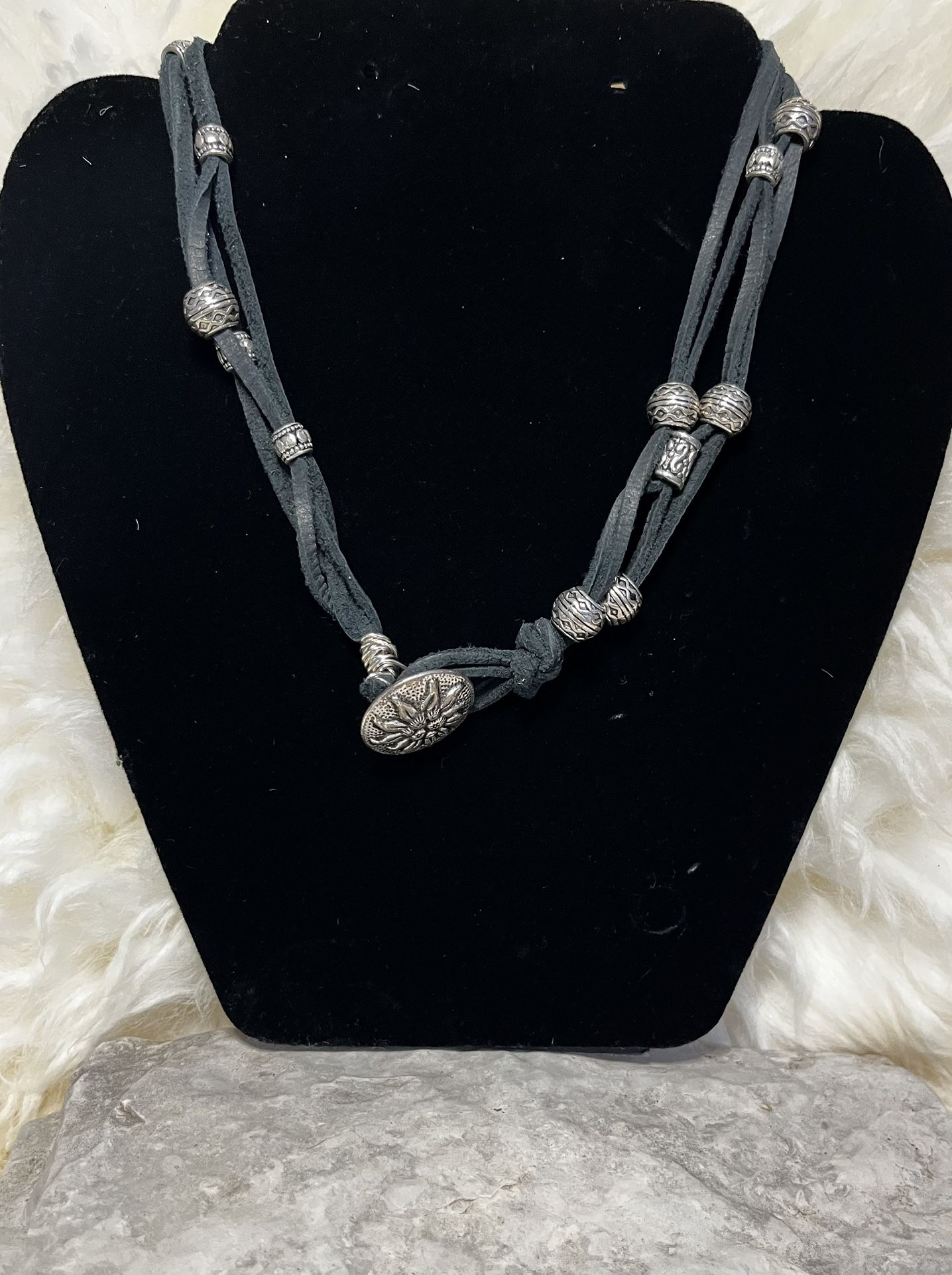 Black Suede And Silver Beads Choker Necklace