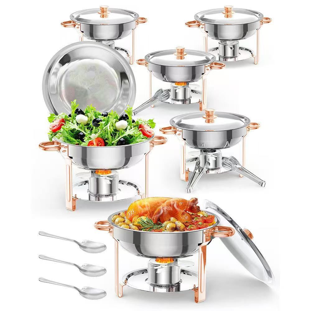 5QT Round Chafing Dish Buffet Set (6 Pack) - Rose Gold Stainless Steel Food Warmers with Lid Holder $130 