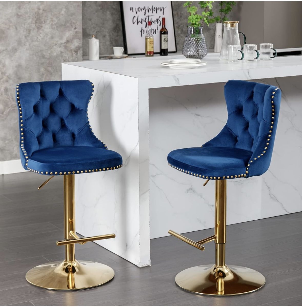 Bar Stool Set Of 2 Blue/Gold Modern Upholstered