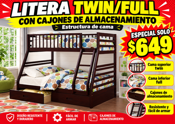 Nueva Litera twin/full con cajones de almacenamiento
