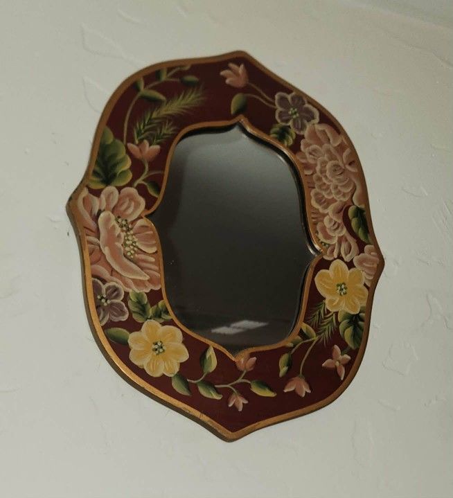 VINTAGE HAND PAINTED PINK YELLOW FLORAL FLOWER ROSE FRAMED WALL MIRROR