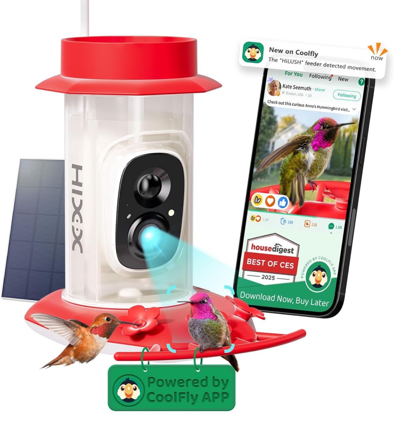 Smart Hummingbird Feeder with Camera Solar Powered, with Ant Moat & Bee Proof AI Bird Recognition, Easy Clean & Refill, with Coolfly Birdwatching APP,