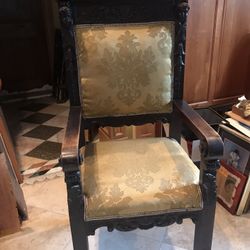 Antique French Arm Chair / Throne with Wood carved  Cherubs upholstery Gold Fabric
