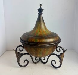 Vintage Metal Tureen Bowl w/ Spire Lid & Wrought Iron Scroll Stand