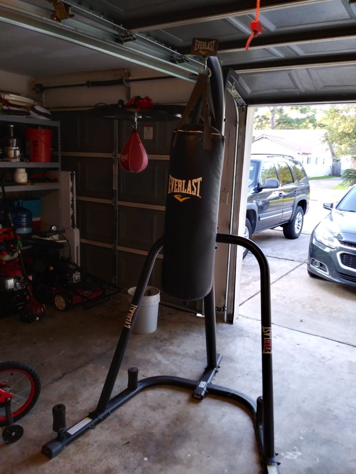 Everlast punching bag and speed bag with stand.