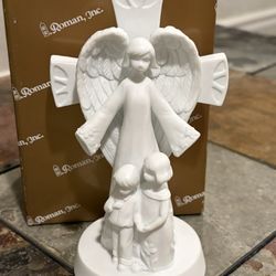Porcelain Figure / Cross, Angel Over 2 Children
