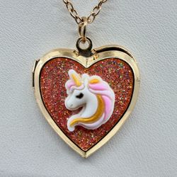Claire's Gold Tone Heart Locket Necklace with Unicorn Glitter Charm