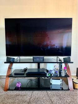 Modern 3-Tier TV Stand – Black Glass & Chrome w/ Wood Accent