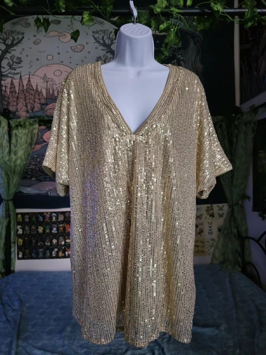 Sheilay Beautiful Elegant Gold Sequin Deep V Neck Tunic Blouse Top Small