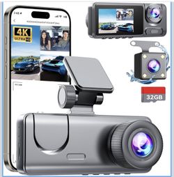 New-3 Channel Dash Cam Front and Rear Inside, Bulit a 32GB Card, Dash Camera for Cars,4K Full HD 2.0'' IPS Screen Dashcam with G-Sensor, IR Night Visi