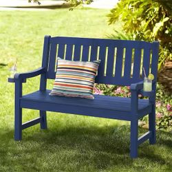 Navy Blue 2-Person Plastic Outdoor Bench with Cup Holder
