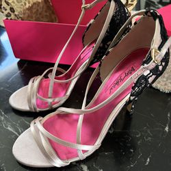 Betsey Johnson Pink Satin Black Lace Leather Sole Heeled Sandals