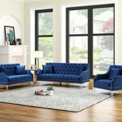 Brand New Blue Velvet 3pc Living Room Set
