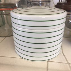 Limoges Canister , White With Green Stripes , Cotton Balls , Tea, Coins, Multi Use Great Condition 