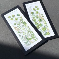 Set of 2 Water Color Nature Leaf Art Print In Frame 10” X 22”