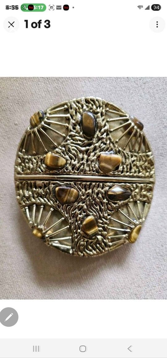 Vintage Luciano Large Round Brass & tigers eye Brutalist Belt Buckle handcrafted 1970's