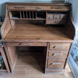 Vintage Solid Oak Roll-Top Desk